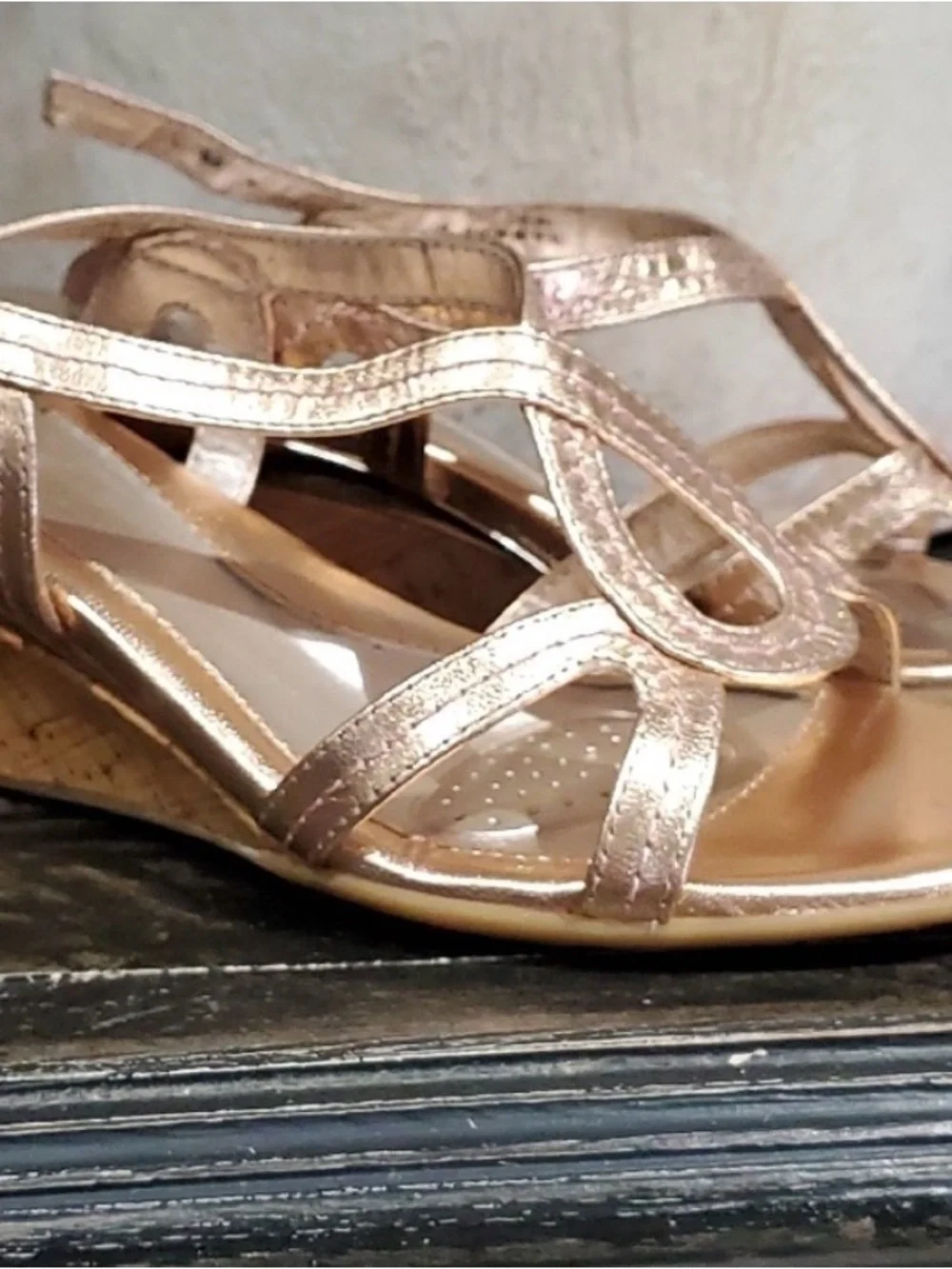 Sofft Metallic Cork Wedge Sandals Leather Rose Gold Paharita Summer Coastal